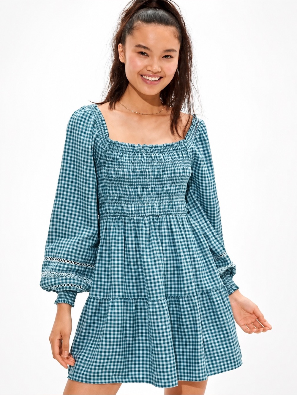 American Eagle Green Farmhouse Plaid Smocked Mini Dress